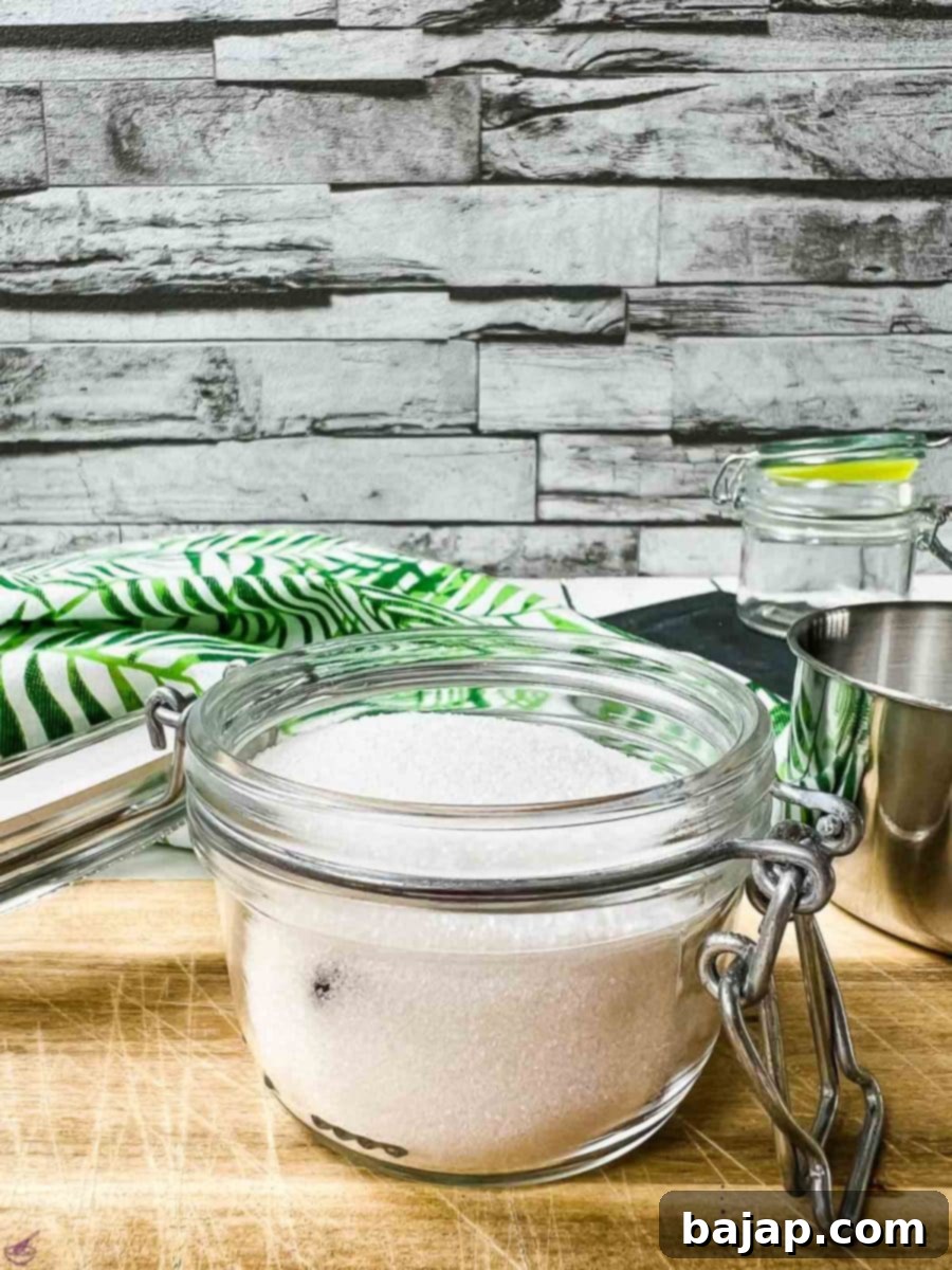 Preserving jar filled with granulated sugar and a whole, plump vanilla bean, ready to infuse its delightful aroma.