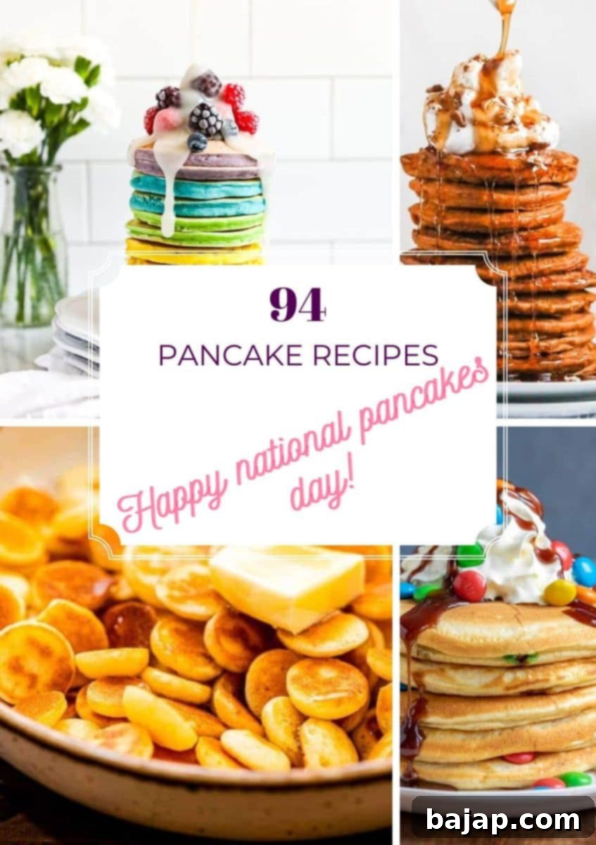 A vibrant stack of fluffy pancakes garnished with fresh berries, dripping with maple syrup, and topped with whipped cream, alongside various international pancake creations. A true global feast of savory and sweet pancake recipes awaits!