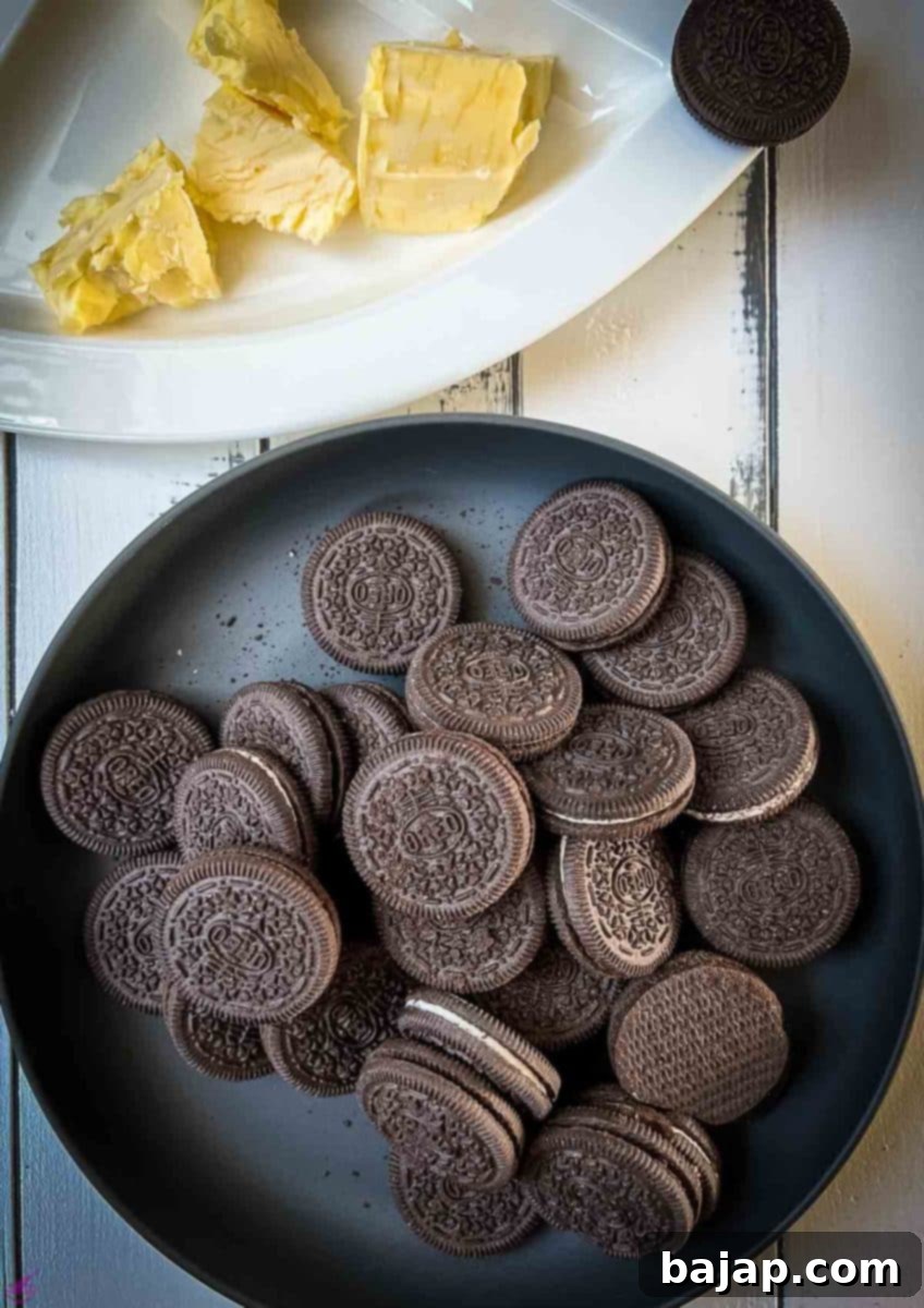 Oreo cookies and butter for the cheesecake crust. 
