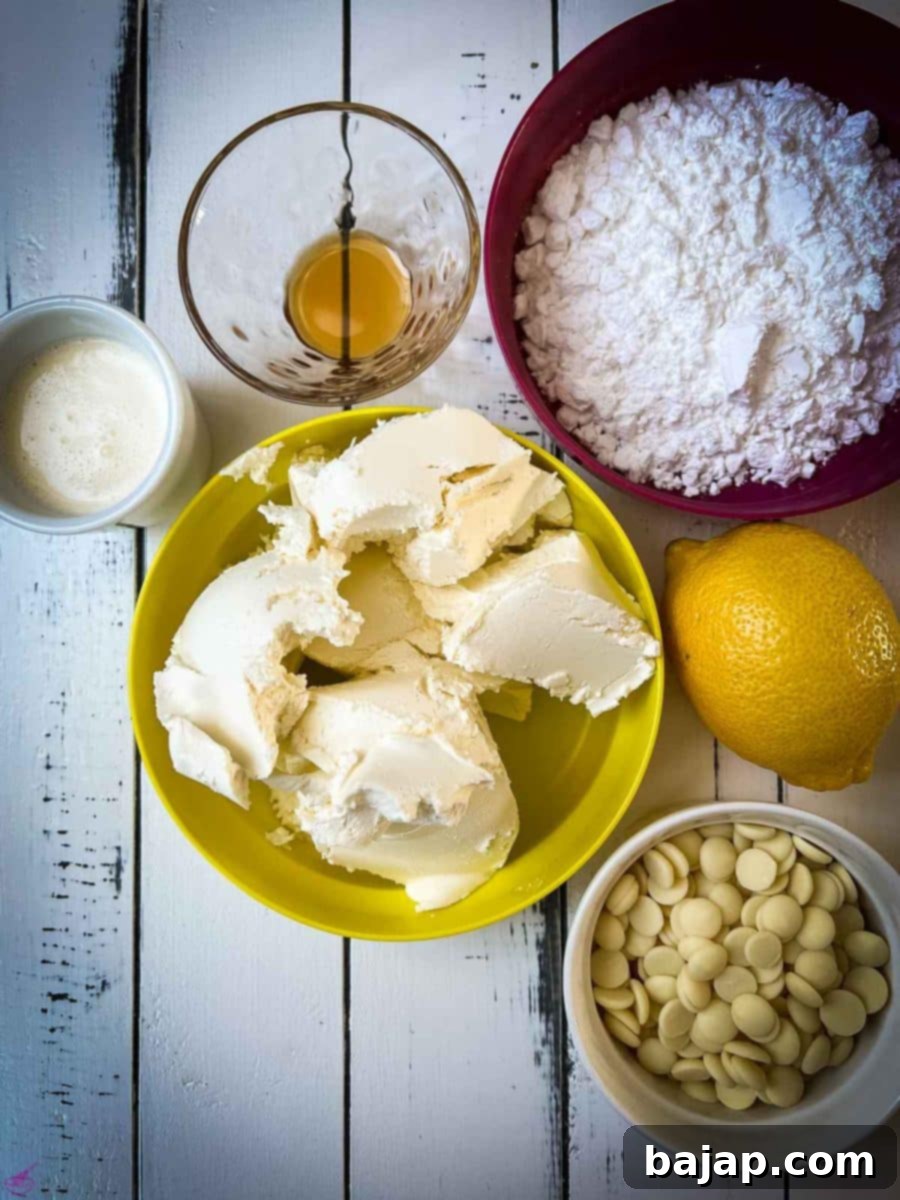 Vampire's Kiss Raspberry Cheesecake 5 Delicious ingredients for the creamy white chocolate cheesecake filling: full-fat cream cheese, confectioner's sugar, vanilla extract, fresh lemon juice, heavy whipping cream, and chopped white chocolate.