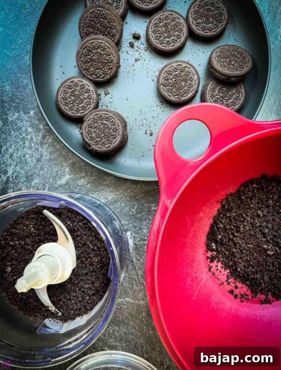 Crush Oreo cookies with a food processor before adding the butter. 