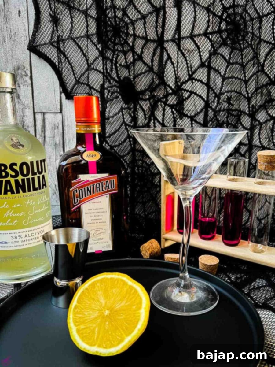 Boozy ingredients for a spooky Halloween cocktail.
