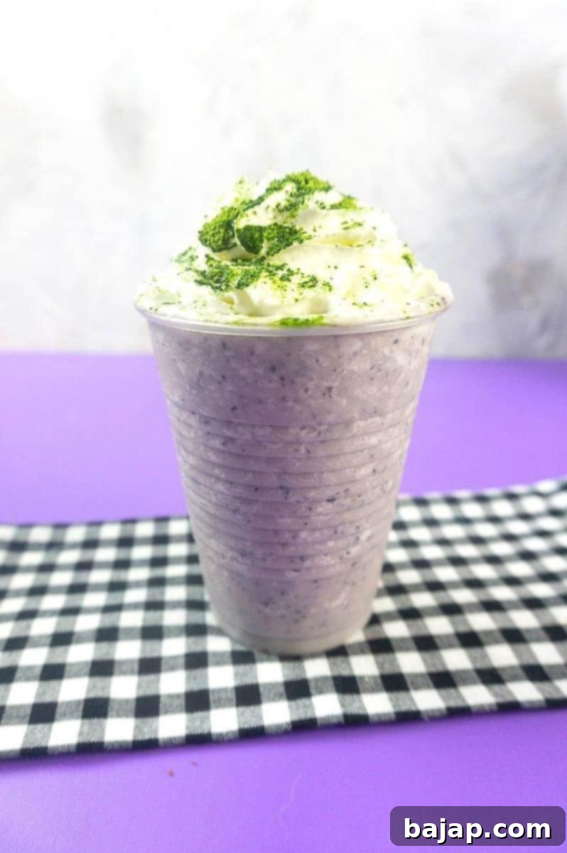 Hocus Pocus Frappuccino, a Starbucks copycat purple non-alcoholic Halloween drink.
