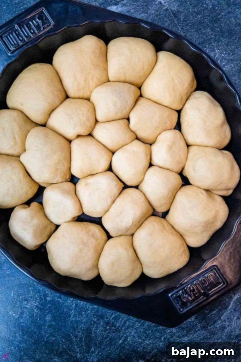 Finished, filled Buchtel, seam-side down, in the prepared pan before baking.