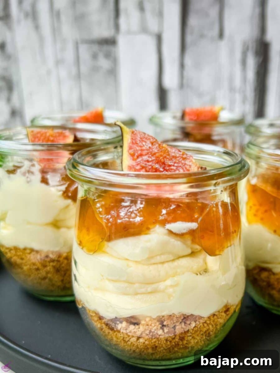 Ready prepared layer dessert. Fig cheesecake without baking with cream cheese filling, cookie base and fig preserve on top.