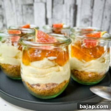 Ready prepared layer dessert. Fig cheesecake without baking with cream cheese filling, cookie base and fig preserve on top.