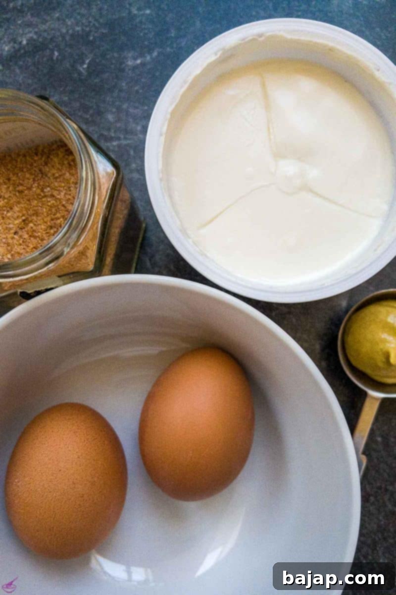 Four ingredients for an easy egg salad spread.