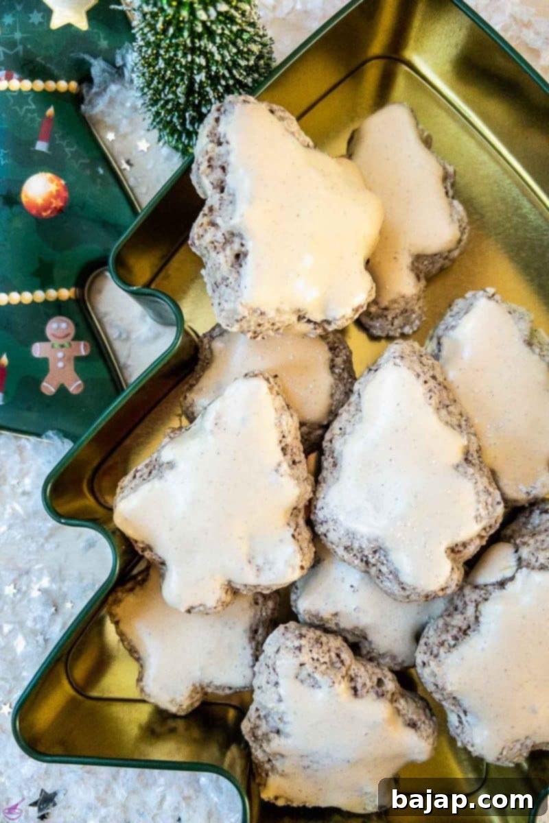 Ready to eat cinnamon stars arranged on a festive plate, inviting holiday cheer.