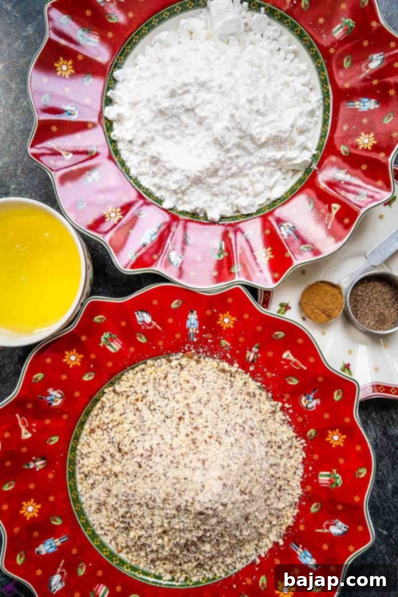 Five key ingredients laid out on a wooden surface for making cinnamon star cookies.