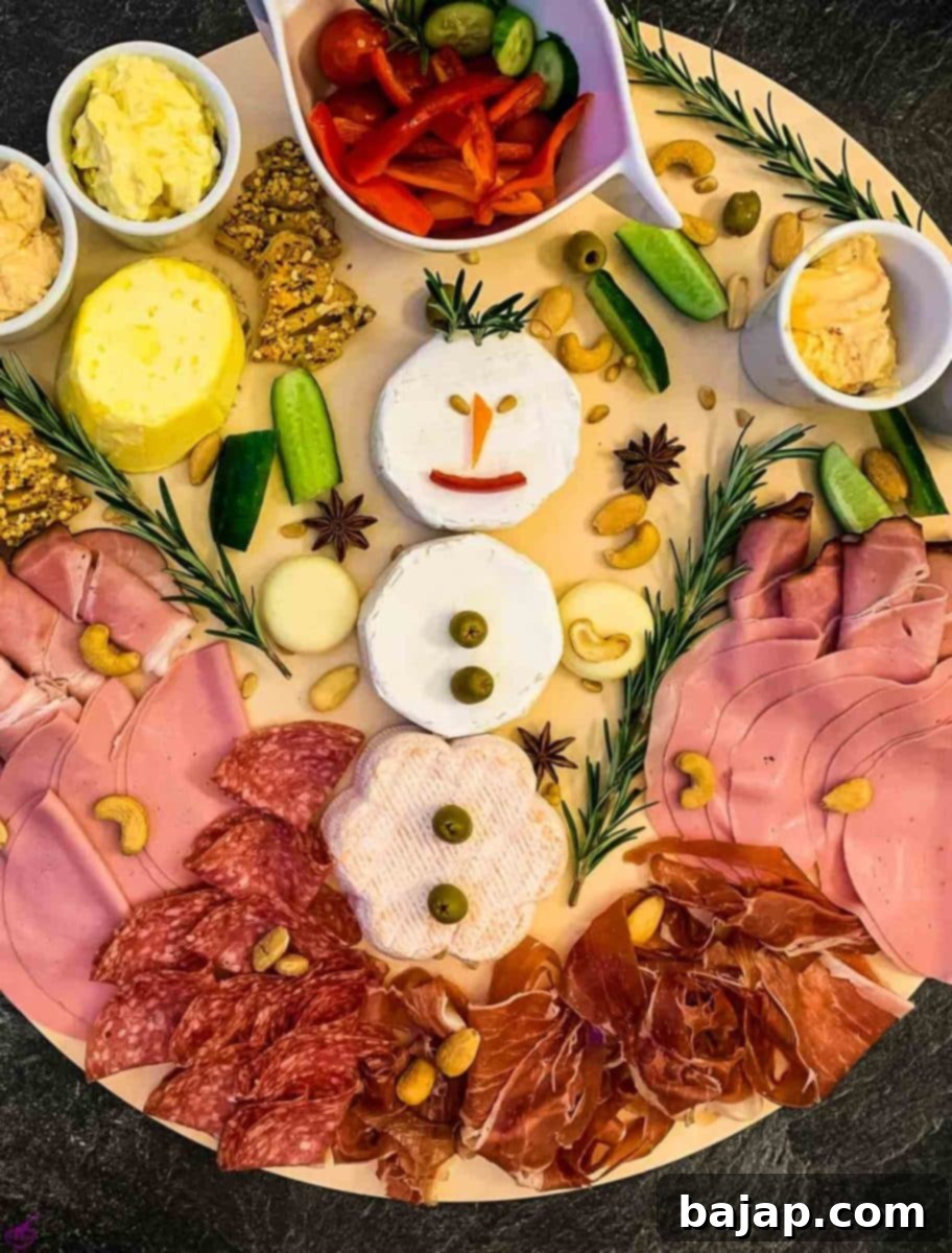 ready to serve Christmas charcuterie board featuring a snowman design