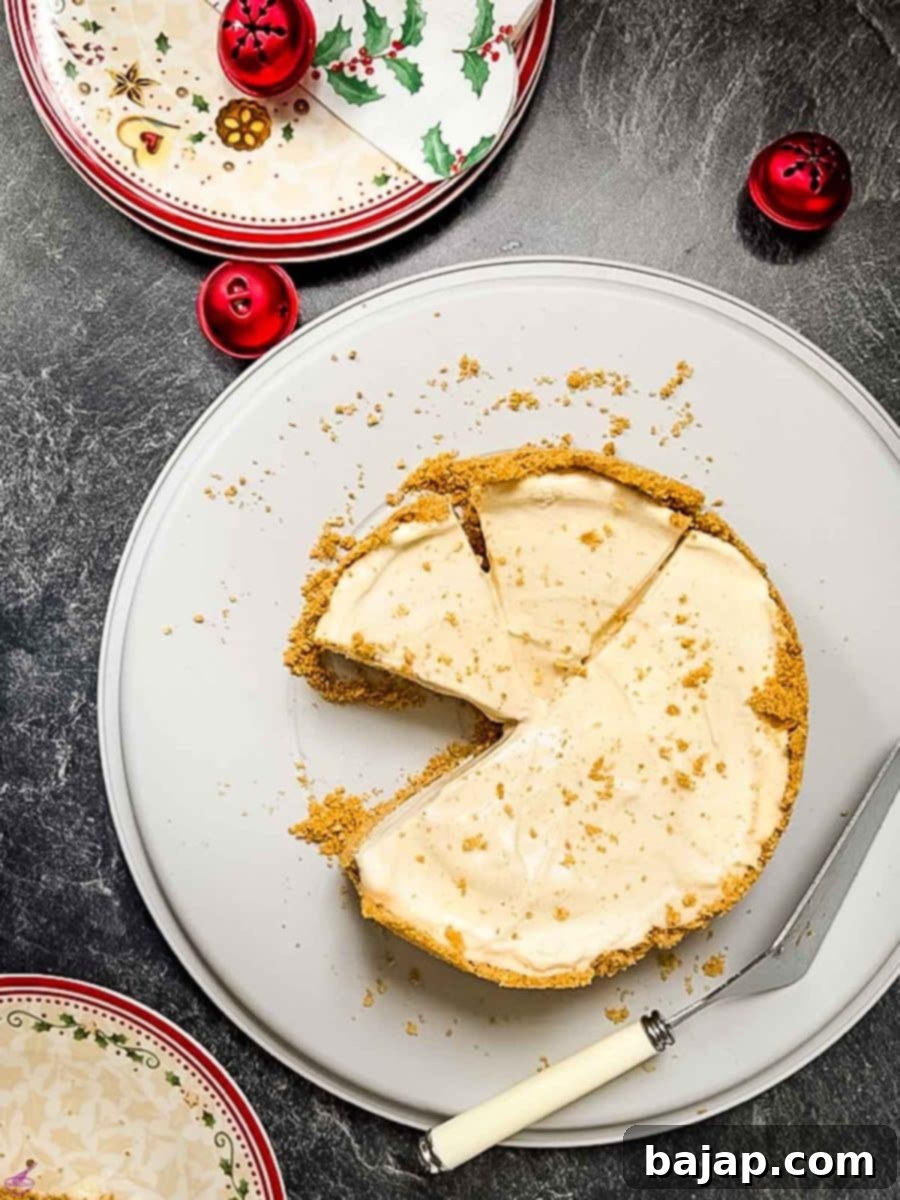 Ready to eat no-bake eggnog cheesecake, beautifully garnished, showcasing the rich, creamy texture and festive appeal. The ginger crust and nutmeg filling make this a holiday favorite.