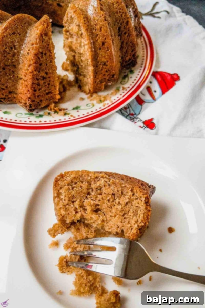 A delectable slice of chestnut bundt cake, revealing its smooth, moist crumb and rich flavor.