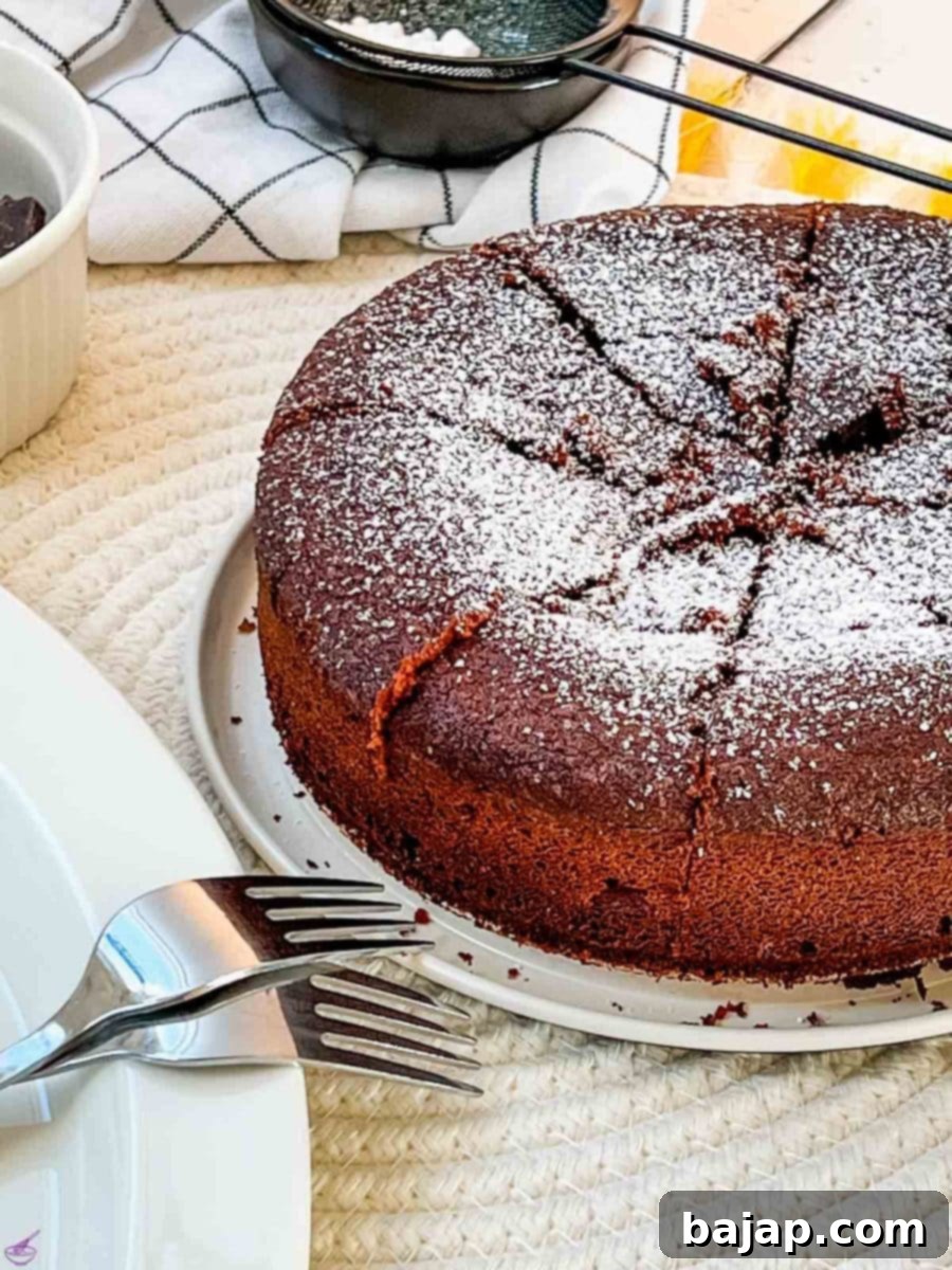 Ready to eat flourless chocolate cake made with Criollo chocolate, dusted with powdered sugar and garnished with fresh raspberries.