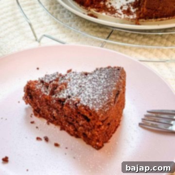 A slice of deliciousness! Flourless chocolate cake dusted with powdered sugar.