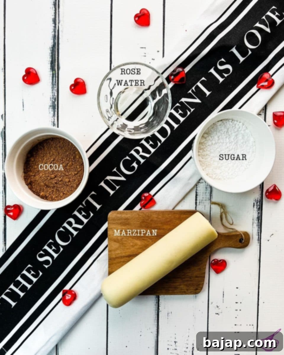 A few simple ingredients for making delicious marzipan potatoes, including marzipan paste, rose water, and cocoa powder.