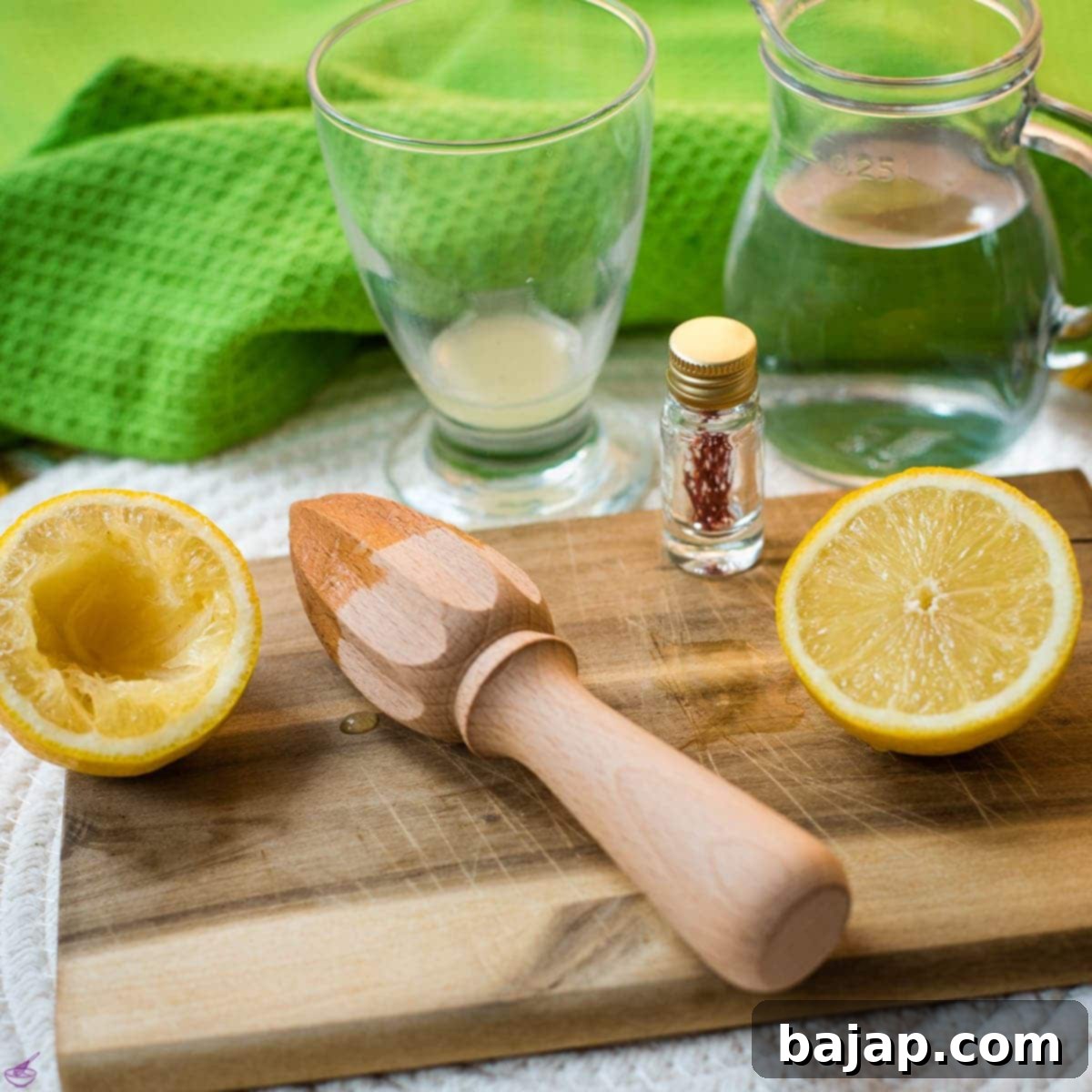 Saffron Elixir for Immune Support 4 Squeezing half a lemon into a glass, showing the fresh juice being extracted.