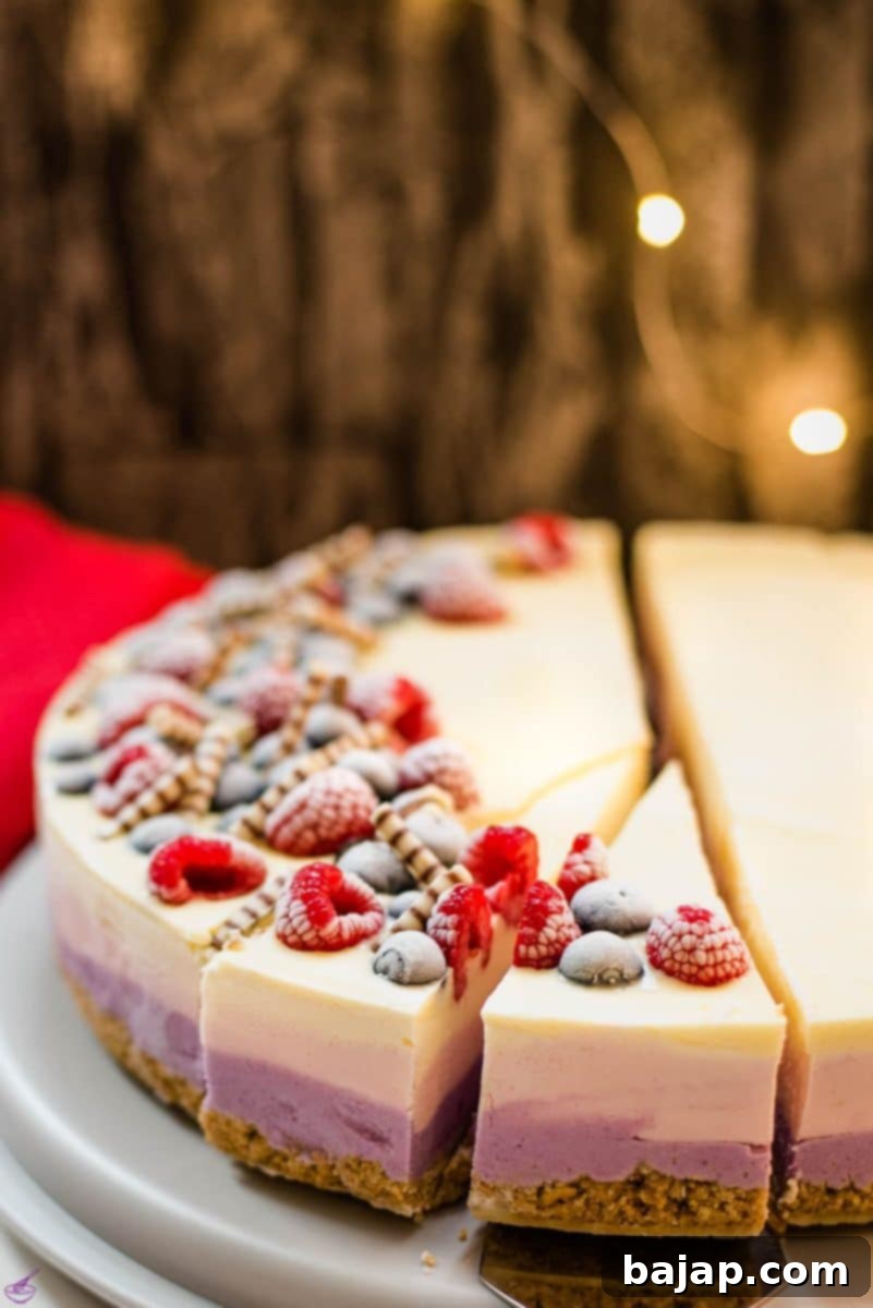 Finished decorated and ready to eat fourth of July no bake cheesecake, showcasing its vibrant red, white, and blue layers and fresh berry toppings.