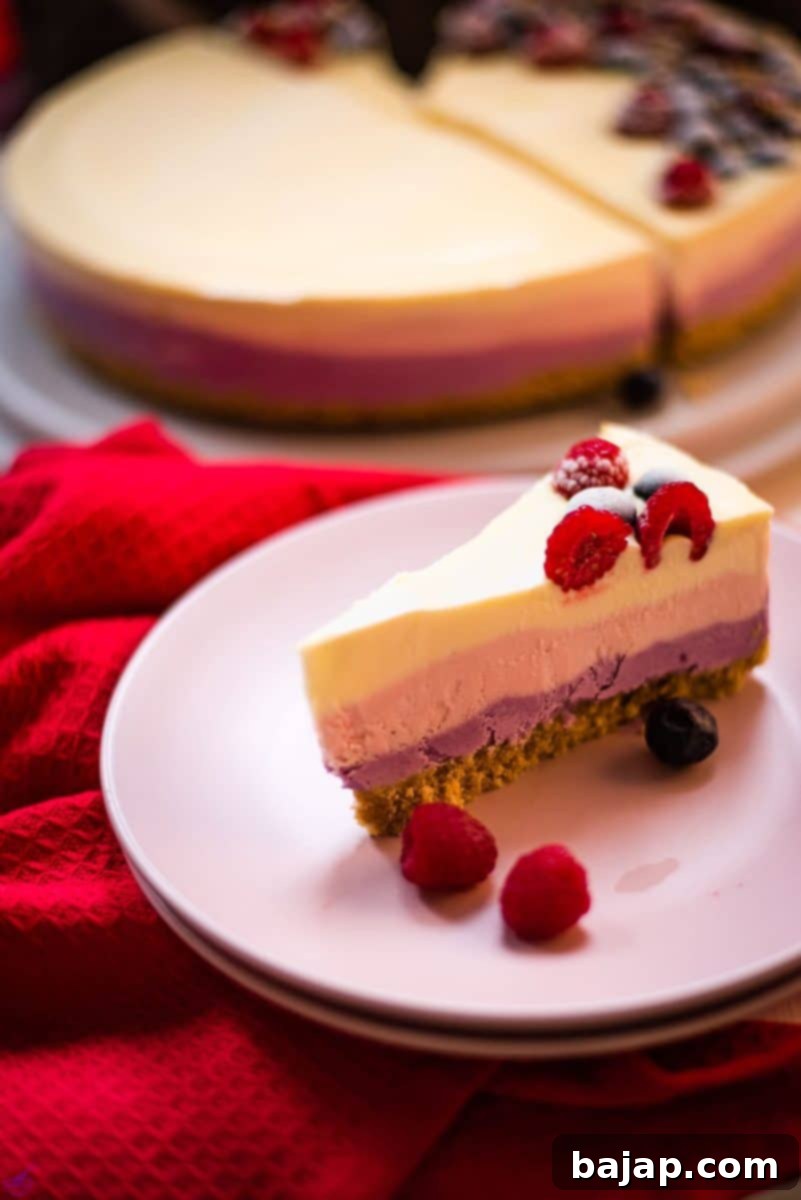 The finished, beautifully decorated, and ready-to-eat no-bake fourth of July cheesecake, sliced and presented with fresh berries.