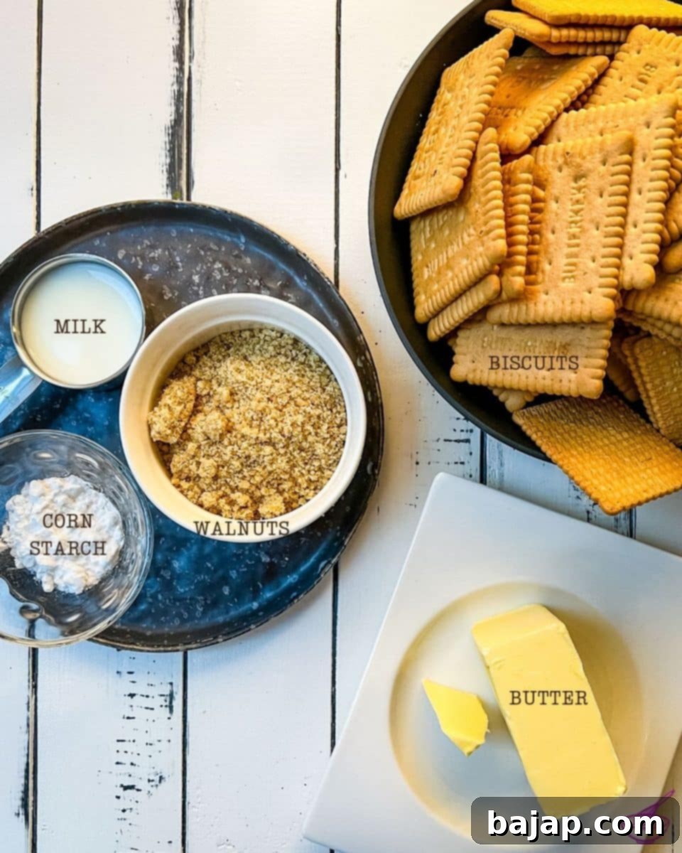 Ingredients for the no-bake 4th of July cheesecake crust including graham crackers, butter, milk, ground walnuts, and corn starch.