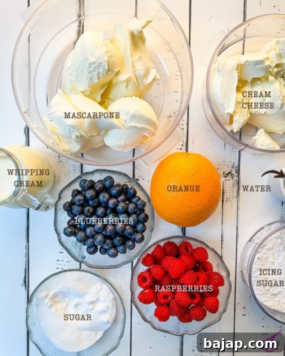 Ingredients for the Red White and Blue Cream Cheese Filling, including mascarpone, cream cheese, whipping cream, icing sugar, blueberries, raspberries, water, orange juice, and sugar.