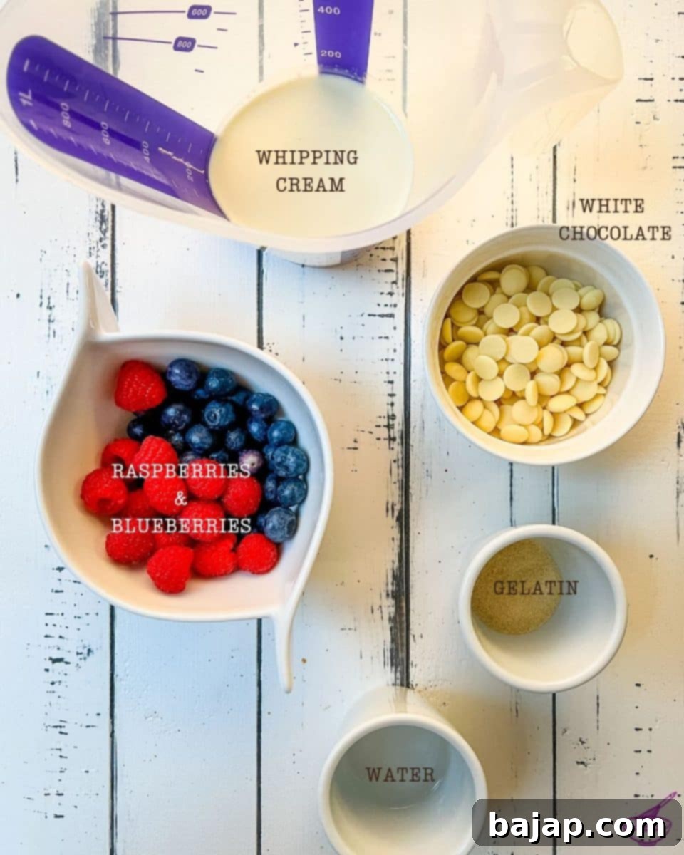 Ingredients for the 4th of July no-bake Cheesecake Glaze and decorations, including gelatin granules, water, whipping cream, white chocolate, blueberries, raspberries, and chocolate zebra rolls.