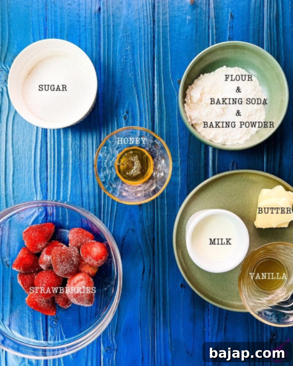 A few ingredients to make an amazing strawberry cobbler.