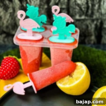 A popsicle mold filled with delicious strawberry ice and cute popsicle sticks inserted