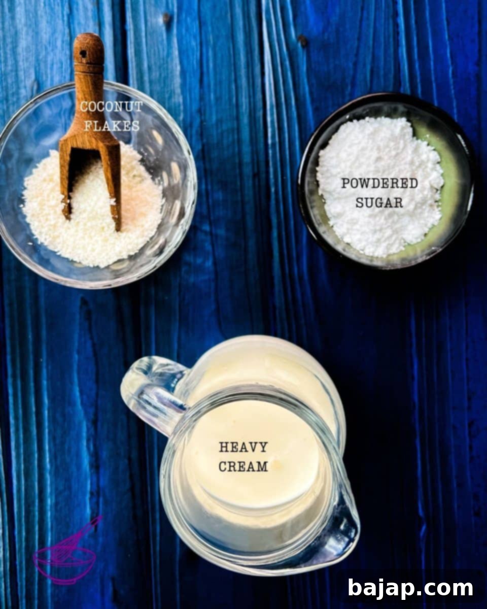 Three simple ingredients (coconut flakes, powdered sugar, whipped cream) for making this yummy coconut flavored whipped cream.