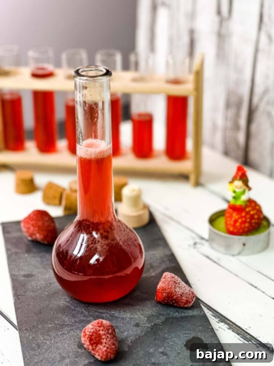 Ready to use, vibrant strawberry simple syrup in an elegant flask on a black slate background, ready for storage or immediate use.