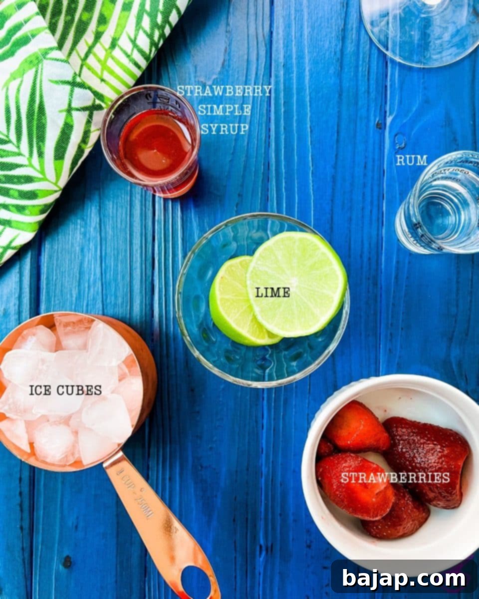 Only a few essential ingredients are required for making a delicious frozen strawberry daiquiri at home.