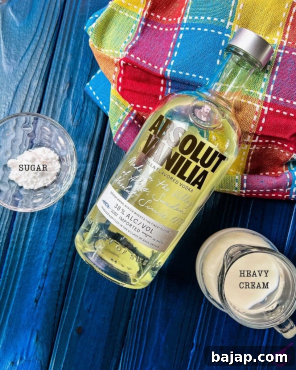 Three simple ingredients for making this scrumptious vanilla vodka flavored whipped cream: heavy cream, confectioners' sugar, and vanilla vodka.