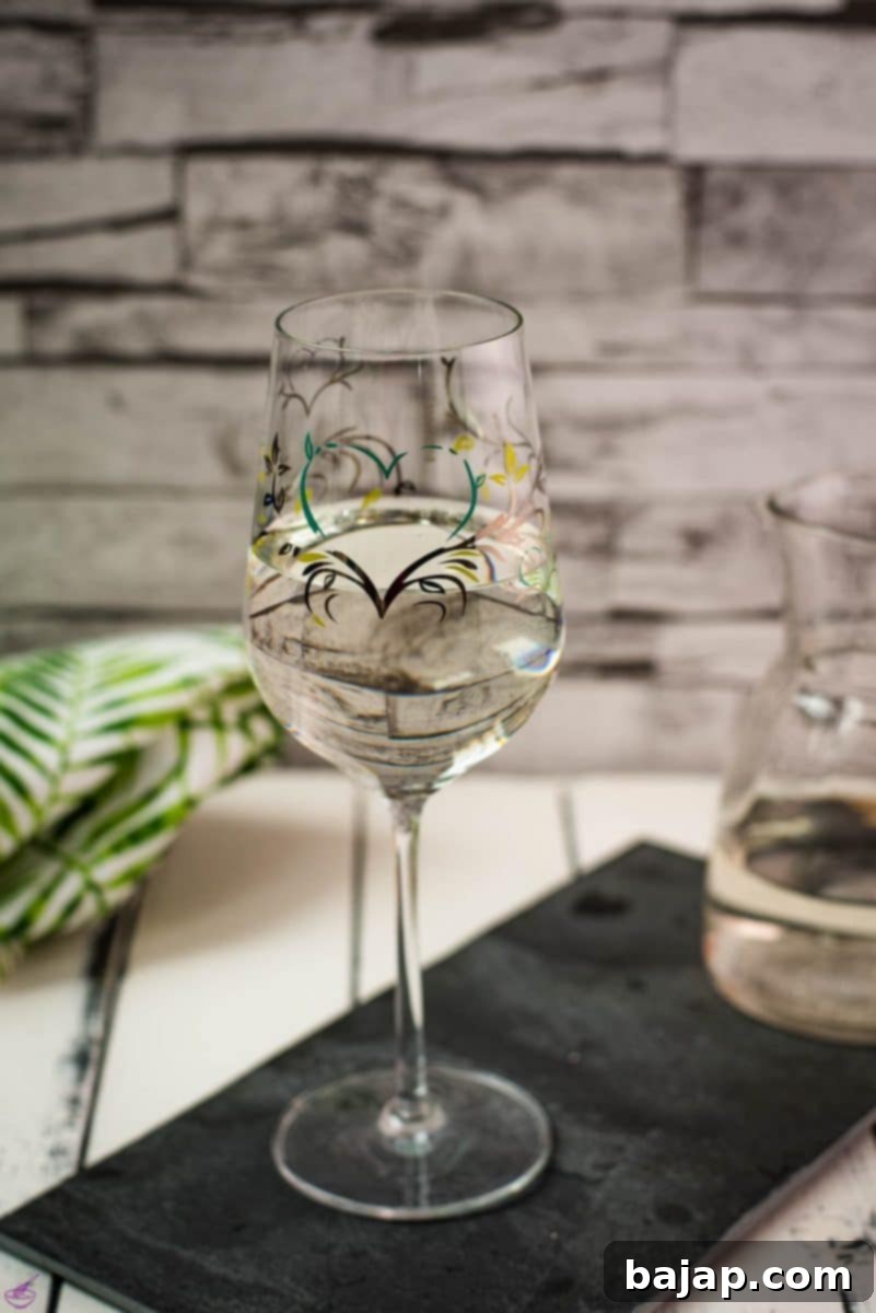A gorgeous glass filled with a refreshing white wine spritzer, garnished slightly. It looks incredibly inviting and perfect for summer.