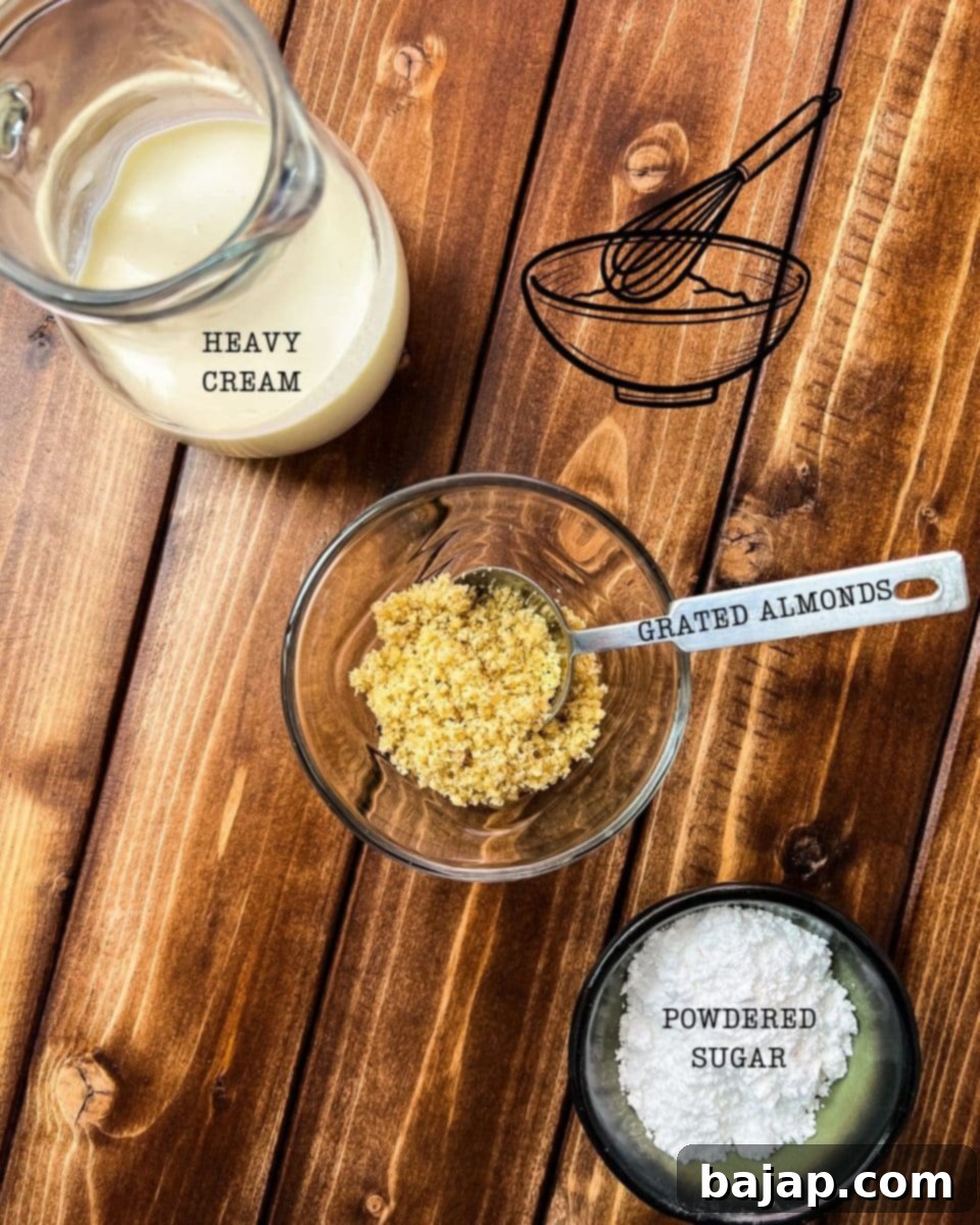 Three simple yet essential ingredients laid out on a clean surface, ready to be transformed into a stunning almond whipped cream.