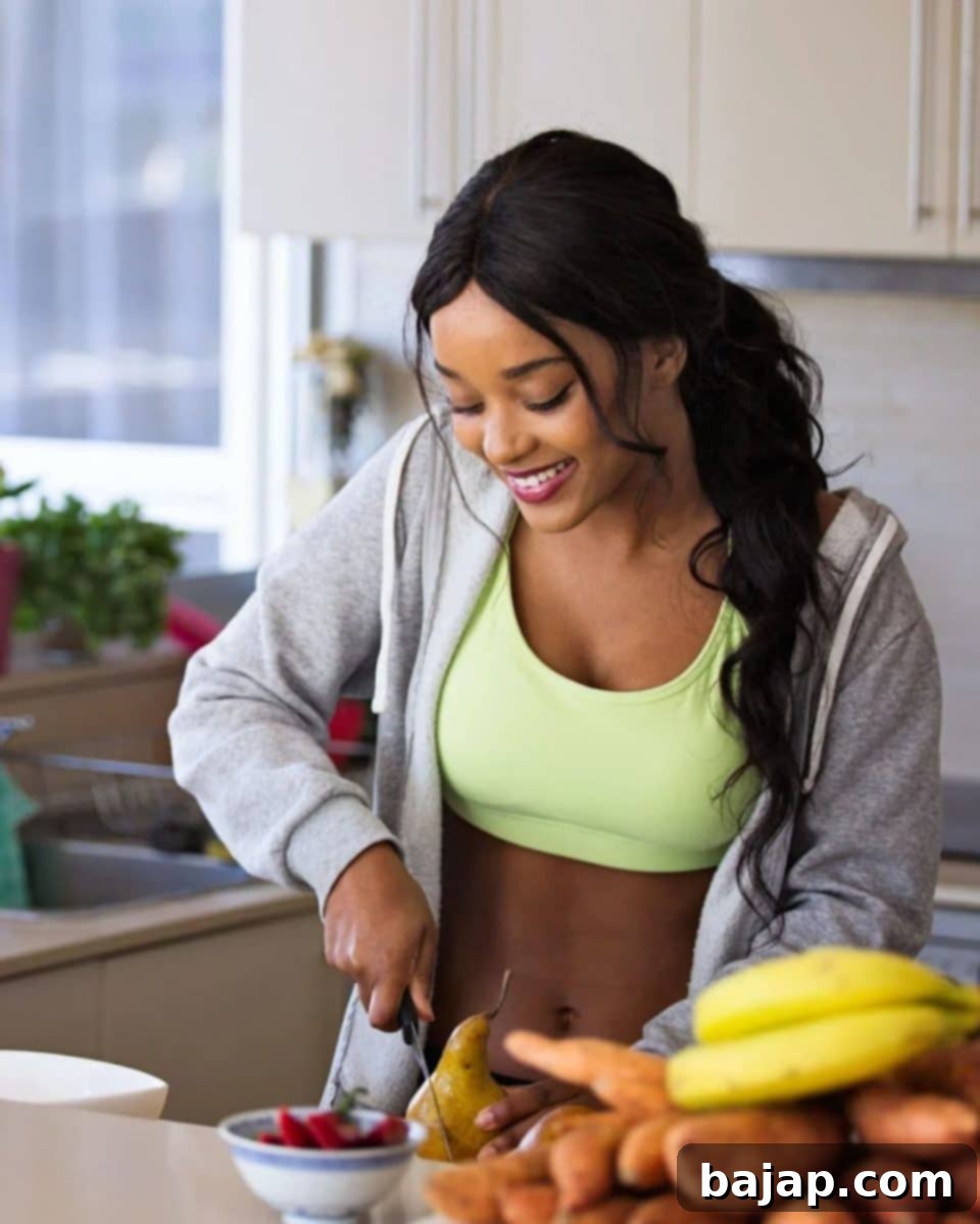 A woman mindfully slicing a gourd, symbolizing the relaxing and engaging nature of cooking as a hobby. The image evokes fun, adventure, and inspiration in the kitchen.