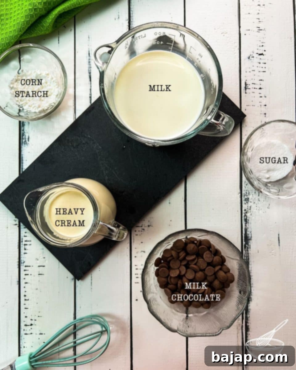 Five ingredients are required for making a delicious chocolate cornstarch pudding.