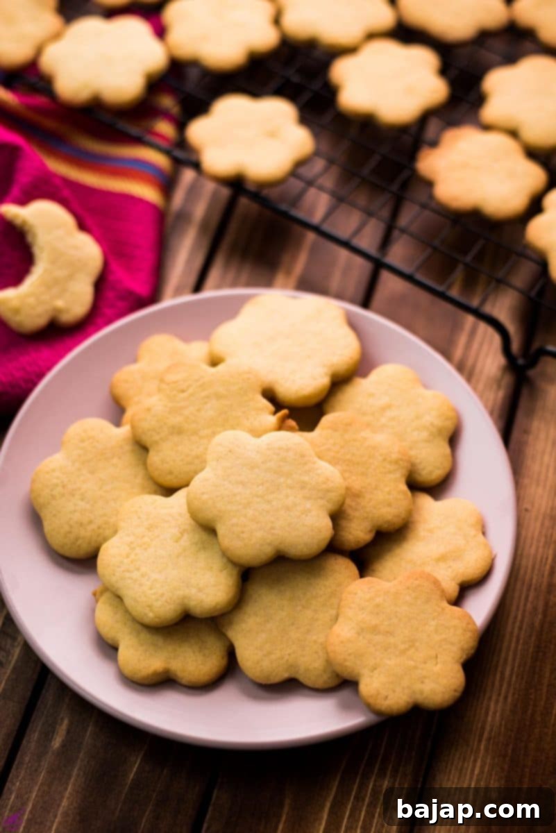 Delicious sugar cookies, placed on pretty plates on dark wooden background.
