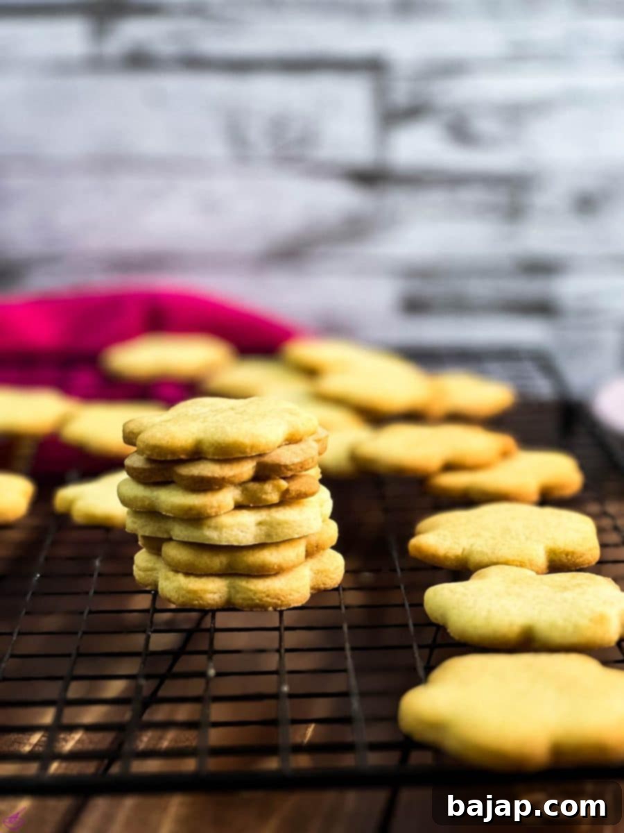 Gorgeous sugar cookies stacked elegantly on a cooling rack, showcasing their perfect texture.