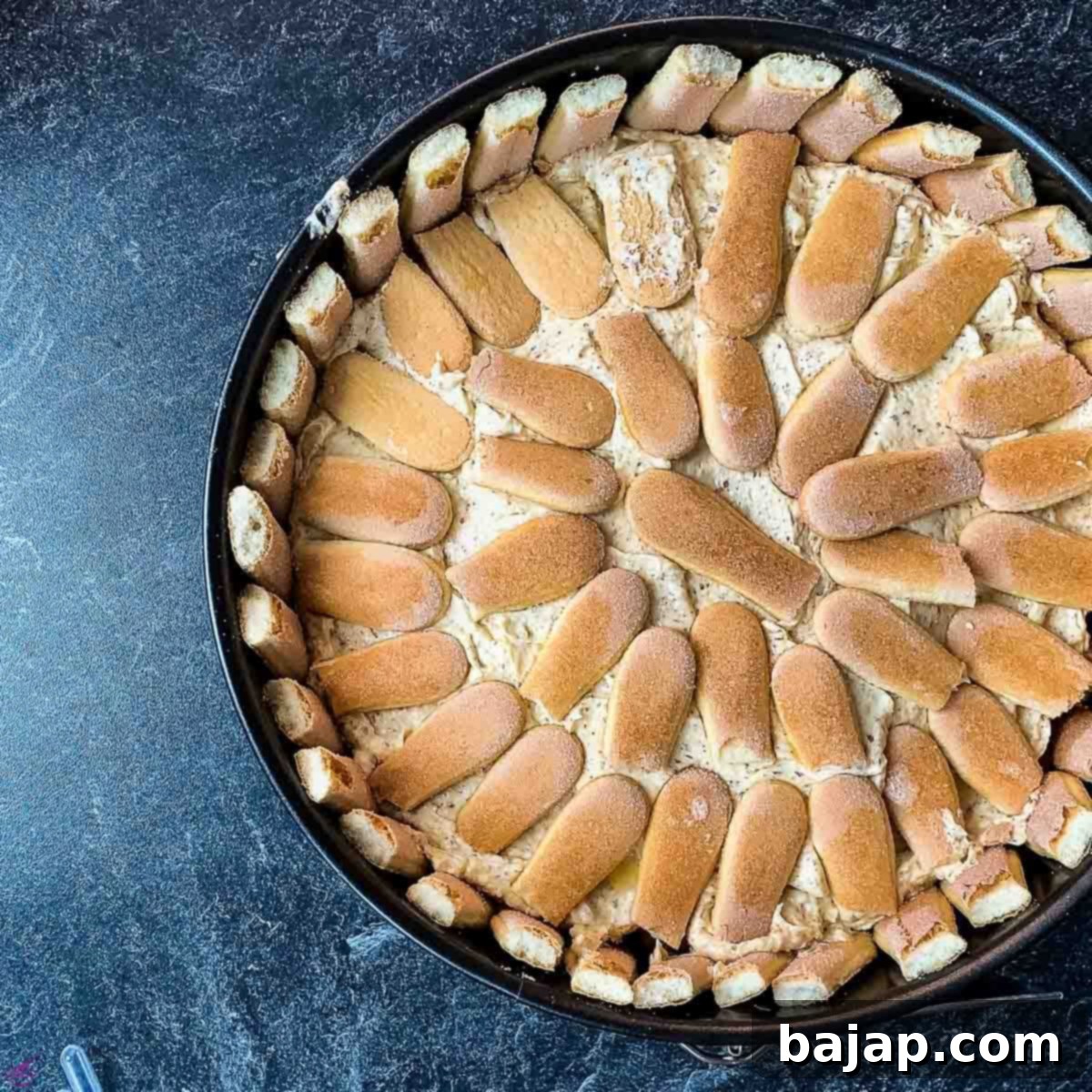 The layered almond cream cake with ladyfingers is ready to be chilled in the refrigerator.