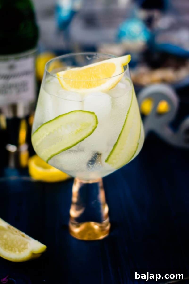 Gorgeous cucumber gin and tonic, with thinly sliced cucumber, placed on the inside of the glass. So refreshing!