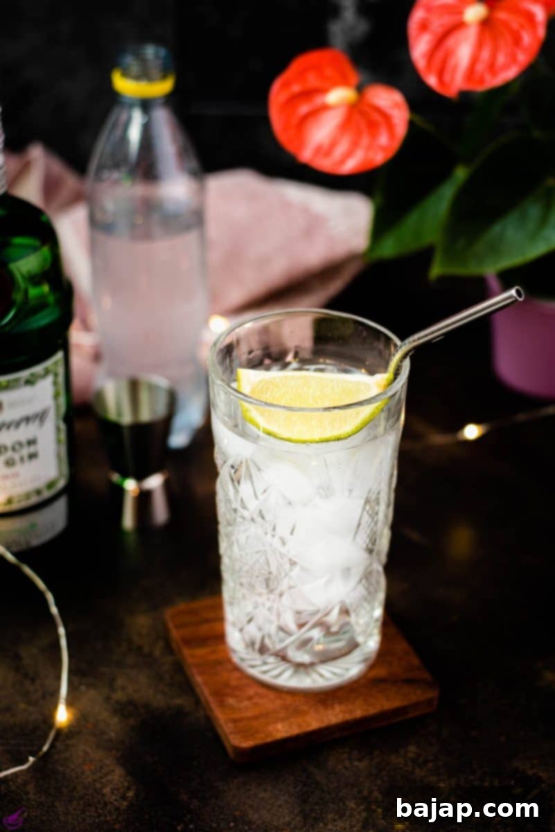 Highball glass filled with gin and tonic, garnished with lime, placed on wooden coaster.