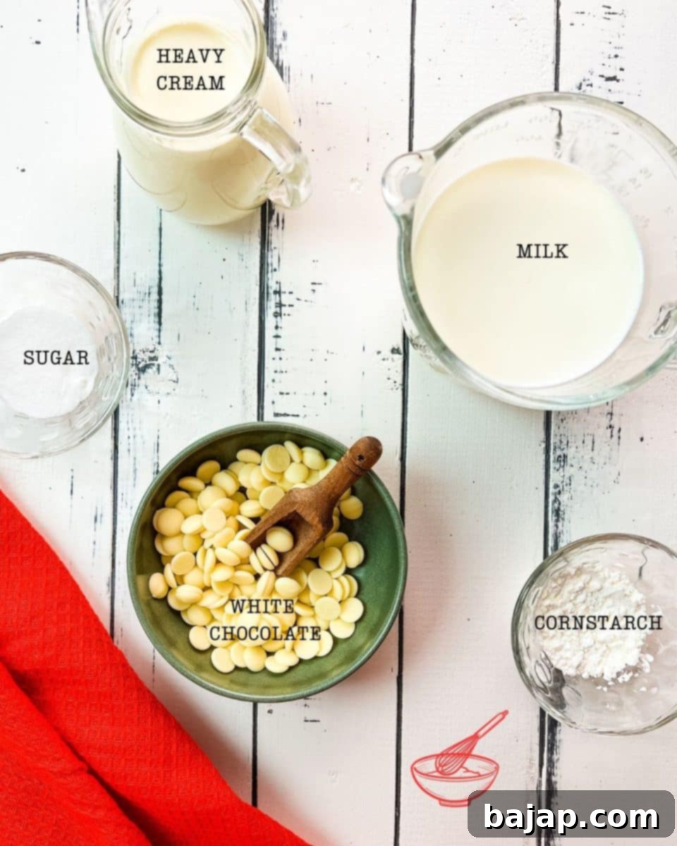 Five essential ingredients laid out for making delicious white chocolate pudding: white chocolate, whole milk, sugar, cornstarch, and heavy cream.