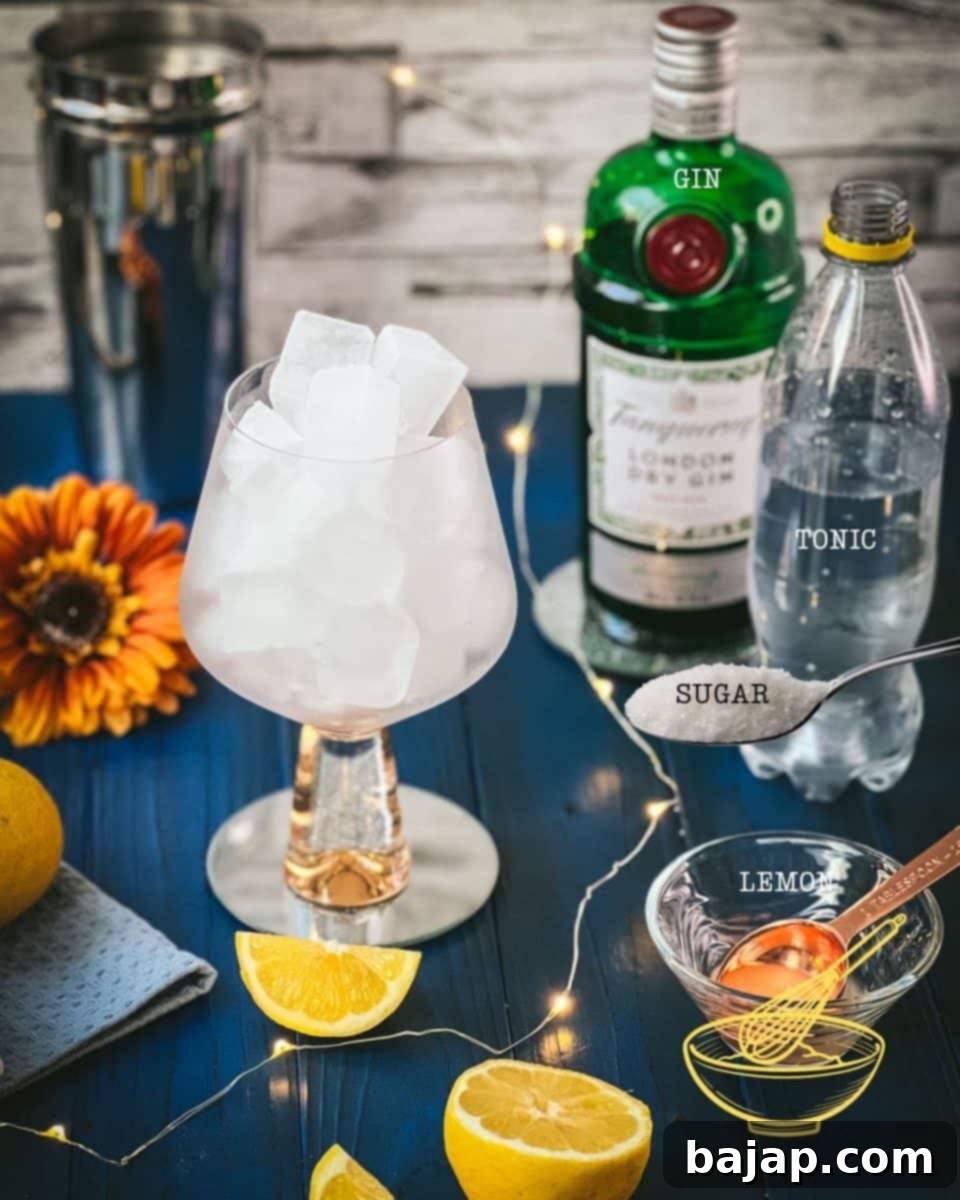 Ingredients laid out for a lemon gin and tonic cocktail: gin bottle, lemons, sugar, tonic water, ice, and a jigger.