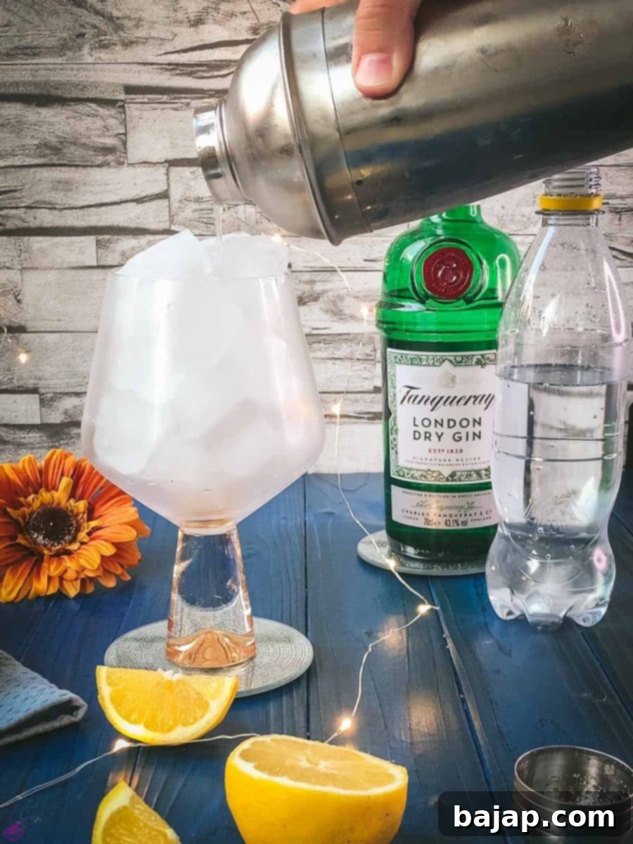 Zesty Gin and Tonic 9 Pour the drink into the chilled glas.