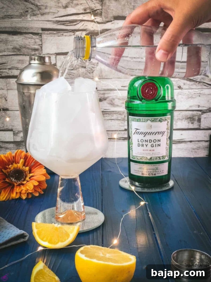 Top your cocktail off with tonic water.