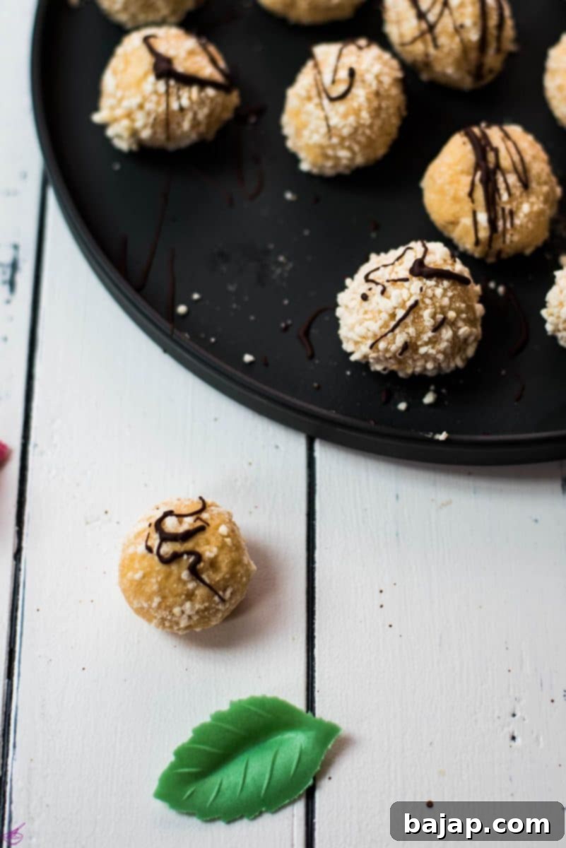 Gorgeous mascarpone eggnog cookie, rolled in ladyfinger crumbs and drizzled with chocolate sauce.