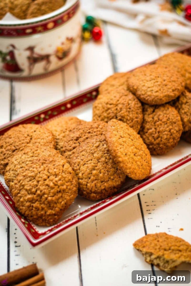 Oatmeal cinnamon cookies placed on Christmas plate.