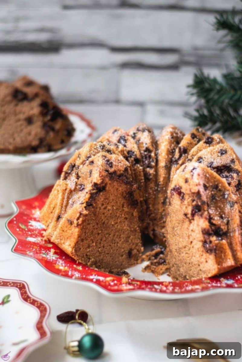 Gorgeous cranberry bundt cake with chocolate chips, cinnamon, and of course dried cranberries. Placed on a red plate.