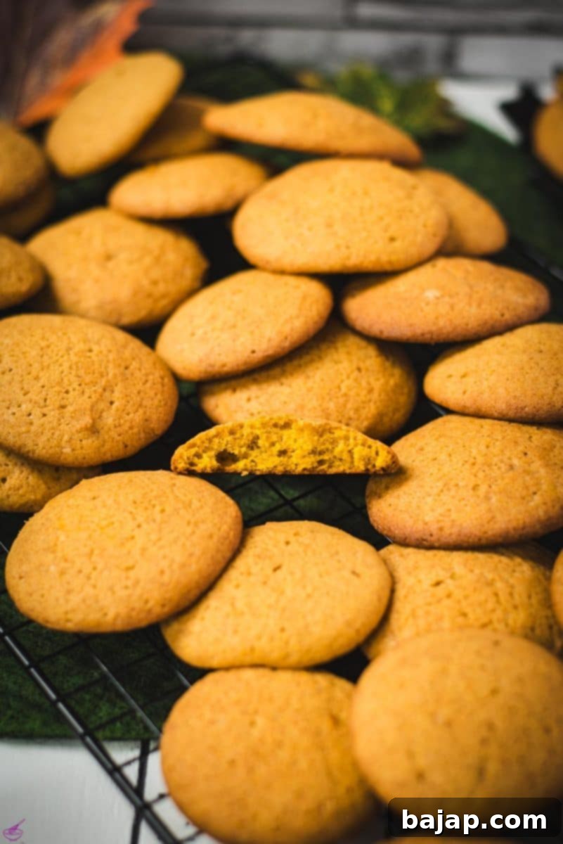 Taste Autumn's Warmth: Unbelievably Soft Pumpkin Cookies 15 Pumpkin cookies stacked on top of each other on cooling grids, showing their perfectly baked, soft texture.