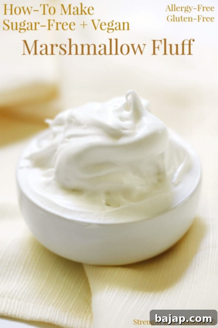 Homemade Sugar-Free Vegan Marshmallow Fluff, a light and airy dessert topping.