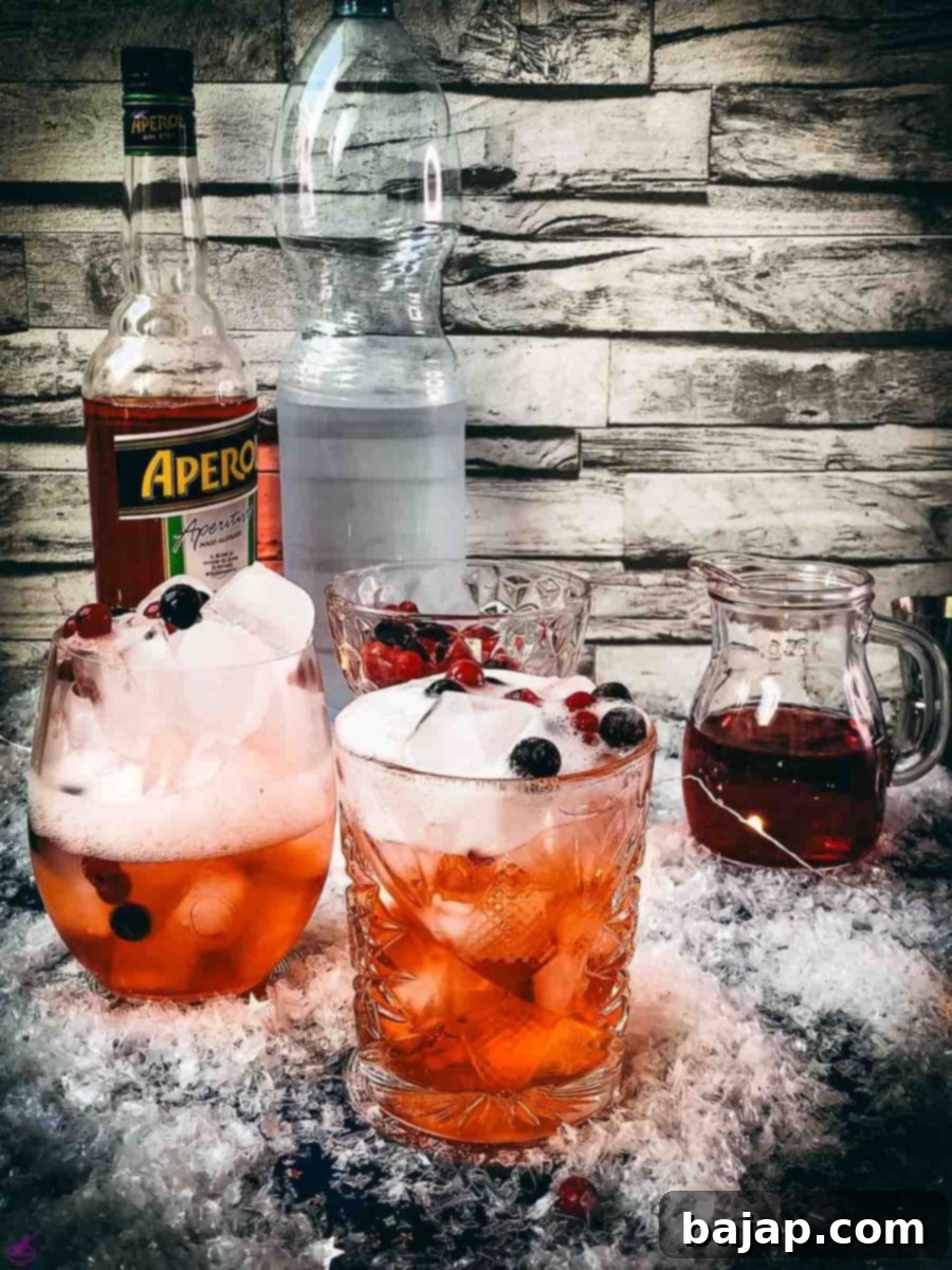 Two glasses filled with delicious cranberry Aperol spritz, placed on snowy ground, garnished with a delicious berry mix.